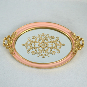 New Design Pink And Gold Polyresin Mirror Tray