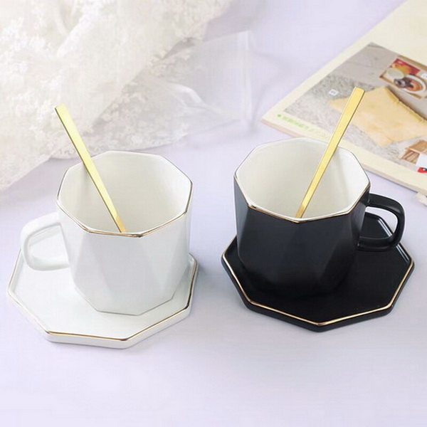 Fashion White And Black Couple's Coffee Milk Mug Set with Plate And Spoon