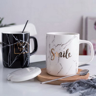 Hand Painted White And Black Marble Ceramic Mug with Spoon
