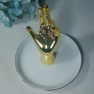 Personalized Round Ceramic Jewelry Ring Holder Dish with Golden Hand Decor