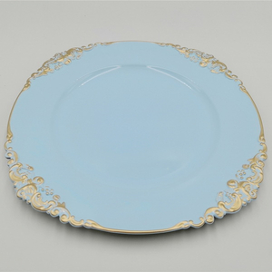 China market Plastic products wholesale sky blue charger plates with gold line