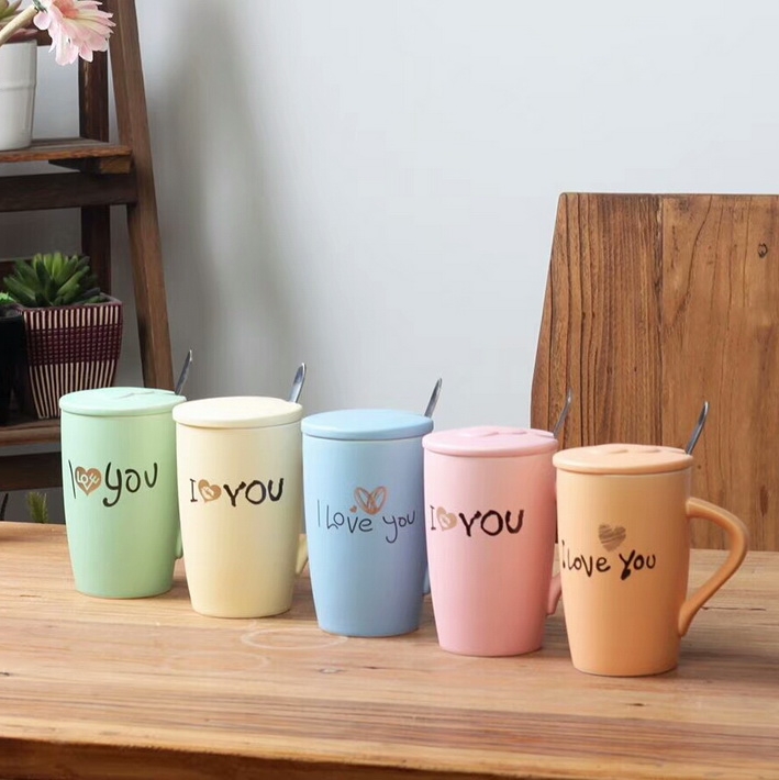 Wholesale 11 Oz Creative Mr And Miss Pink Ceramic Coffee Couple Mugs with Lid And Spoon