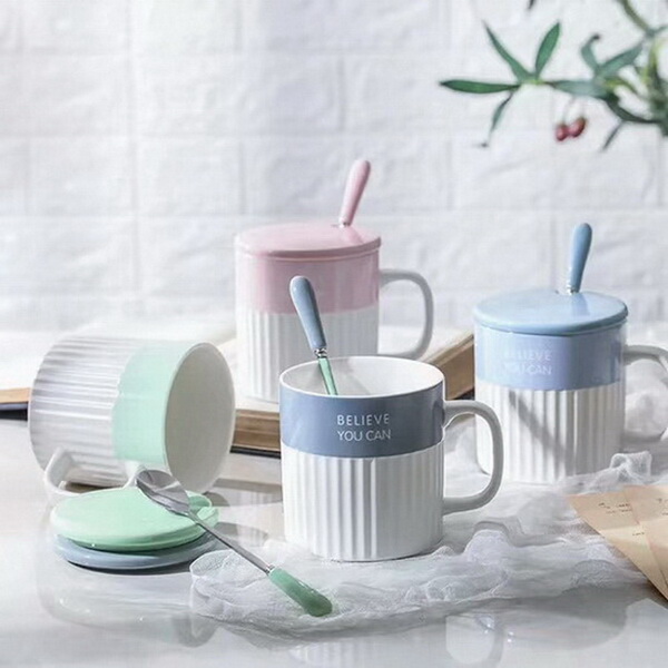 Solid Color Glazed Logo Decal Printed Ceramic Coffee Mugs With Spoons Set