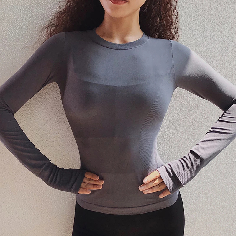 Sexy Women Solid Printing Sport Shirts Solid Color High Elastic Gym Yoga Top Running Breathable Long sleeve T-Shirts