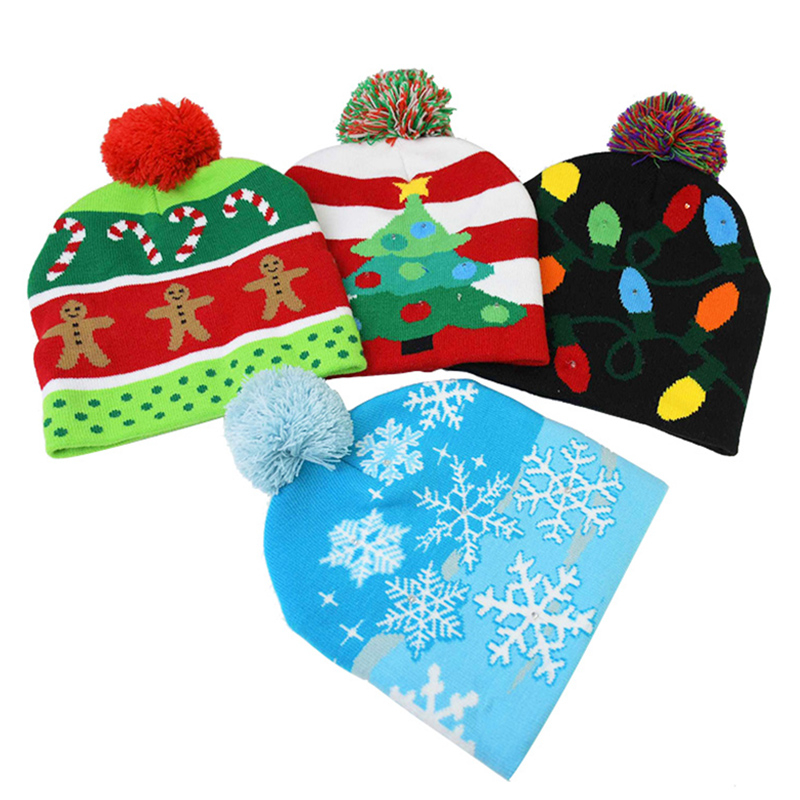 Battery Operated Tree Light Up Knitting Felt Stars Led Lamp Christmas Santa Hat
