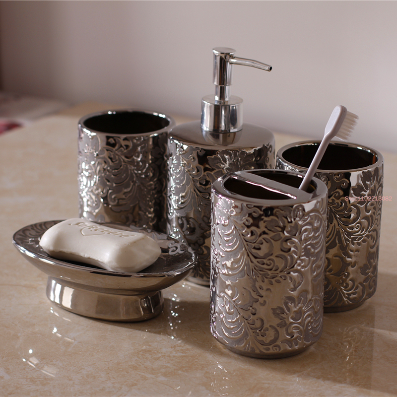 Silver Ceramics Five Piece Set Gifts Soap Bottle Gargle Cup Soap Dish Toothbrush Holder Washing Tools Bathroom Toiletry Set