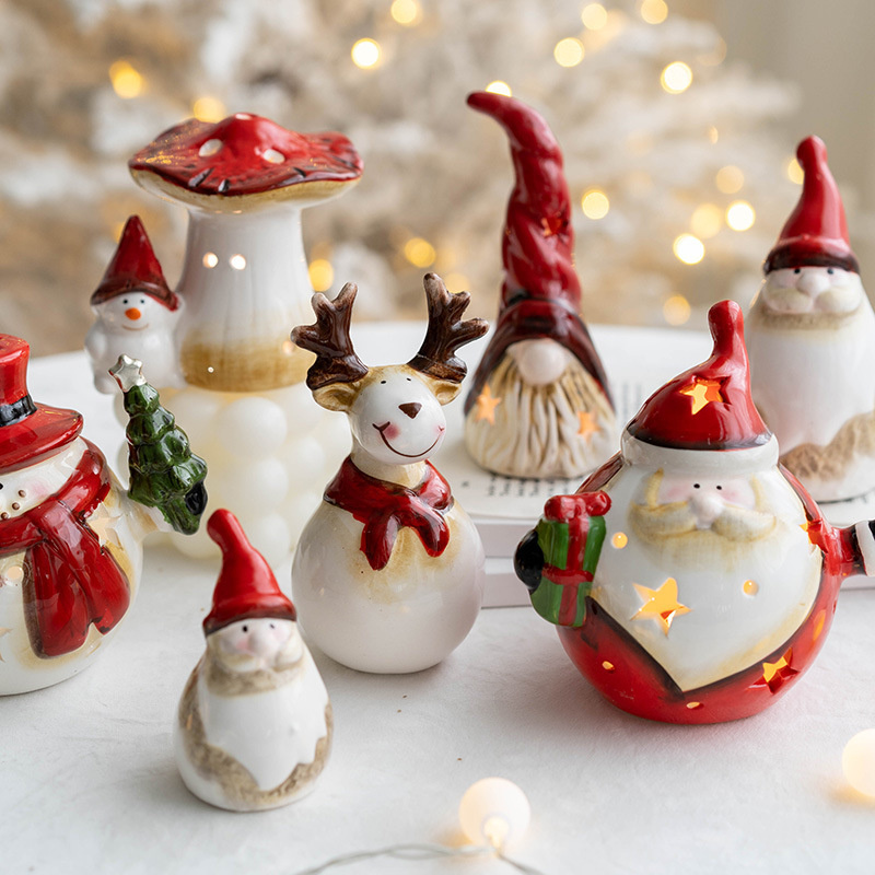 Christmas Decoration Ornament Ceramic Crafts Glowing Candlestick Santa Claus Snowman Elk Mushroom Statue Home Room Shelf Gift