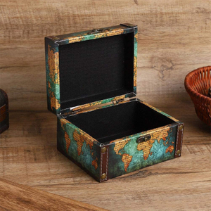 European Vintage Jewelry Storage Box Multipurpose Antique Wooden Pirate Treasure Chest World Map Letters Keepsake Case