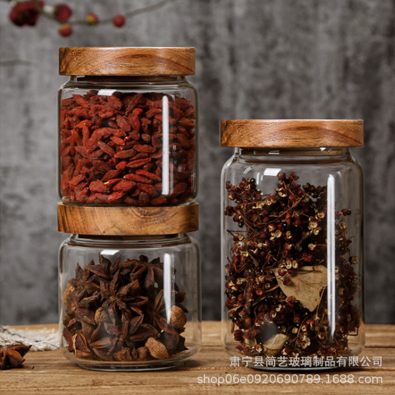 3pcs 250-1550ml Wood Lid Glass Airtight Canister Kitchen Storage Bottles Sealed Food Container Coffee Beans Grains Jars Orgnizer
