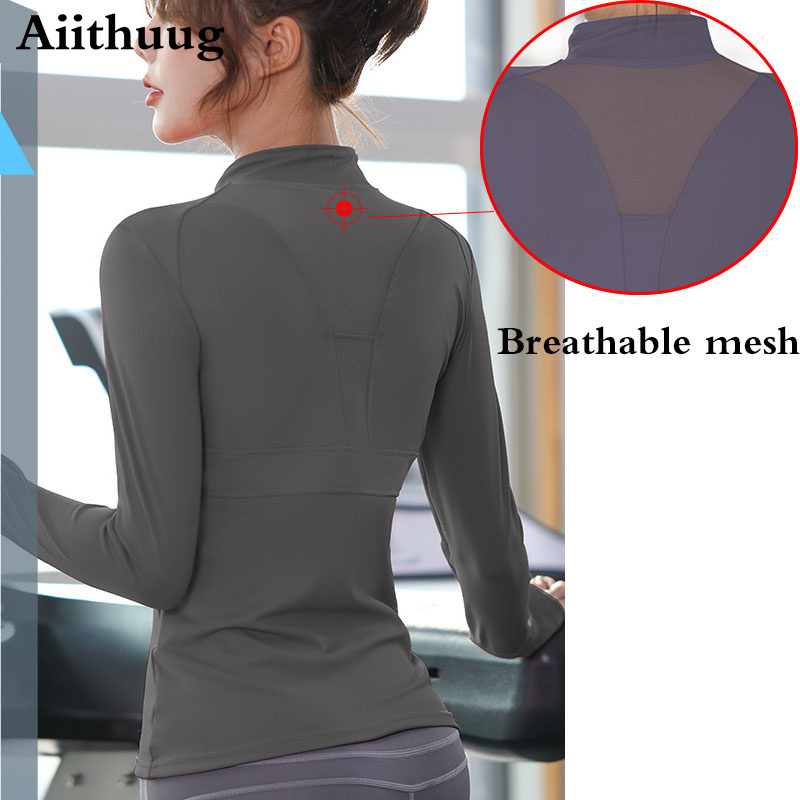 Women&#39;s Long Sleeves Sports Running Shirt Breathable Gym Workout Top Women&#39;s Yoga Jackets with Zipper with Finger Holes