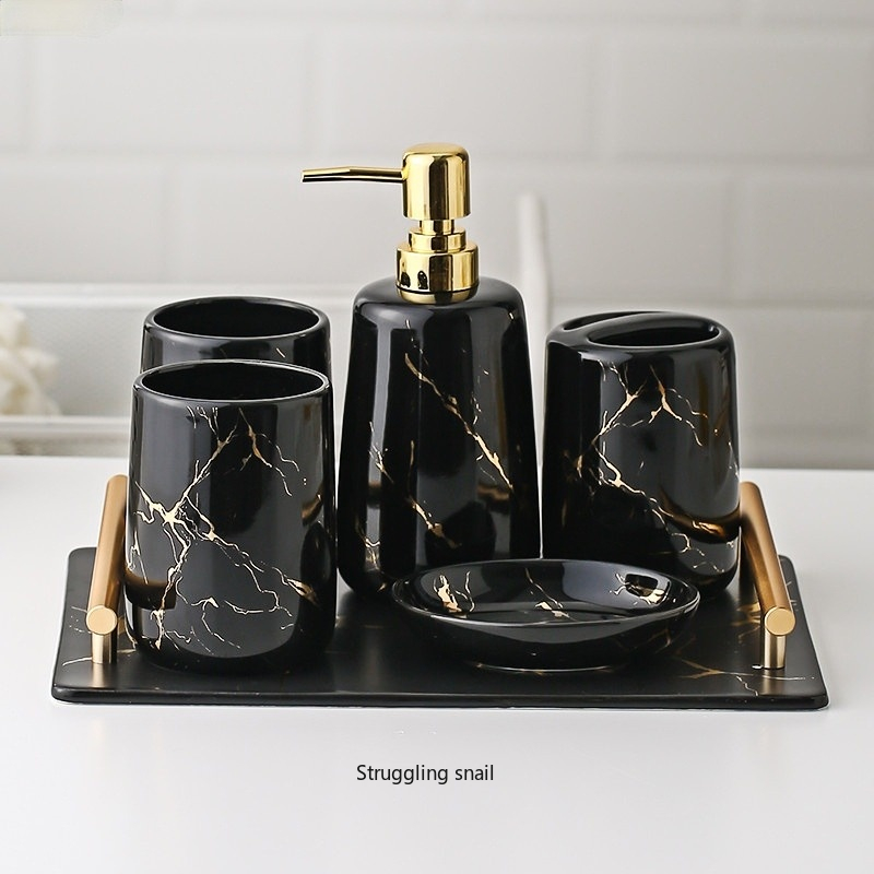 Ceramic Toiletries Bathroom Set Marble Porcelain Cup Toothbrush Holder / Soap Dispenser / Tray Bathroom Decoration Accessories