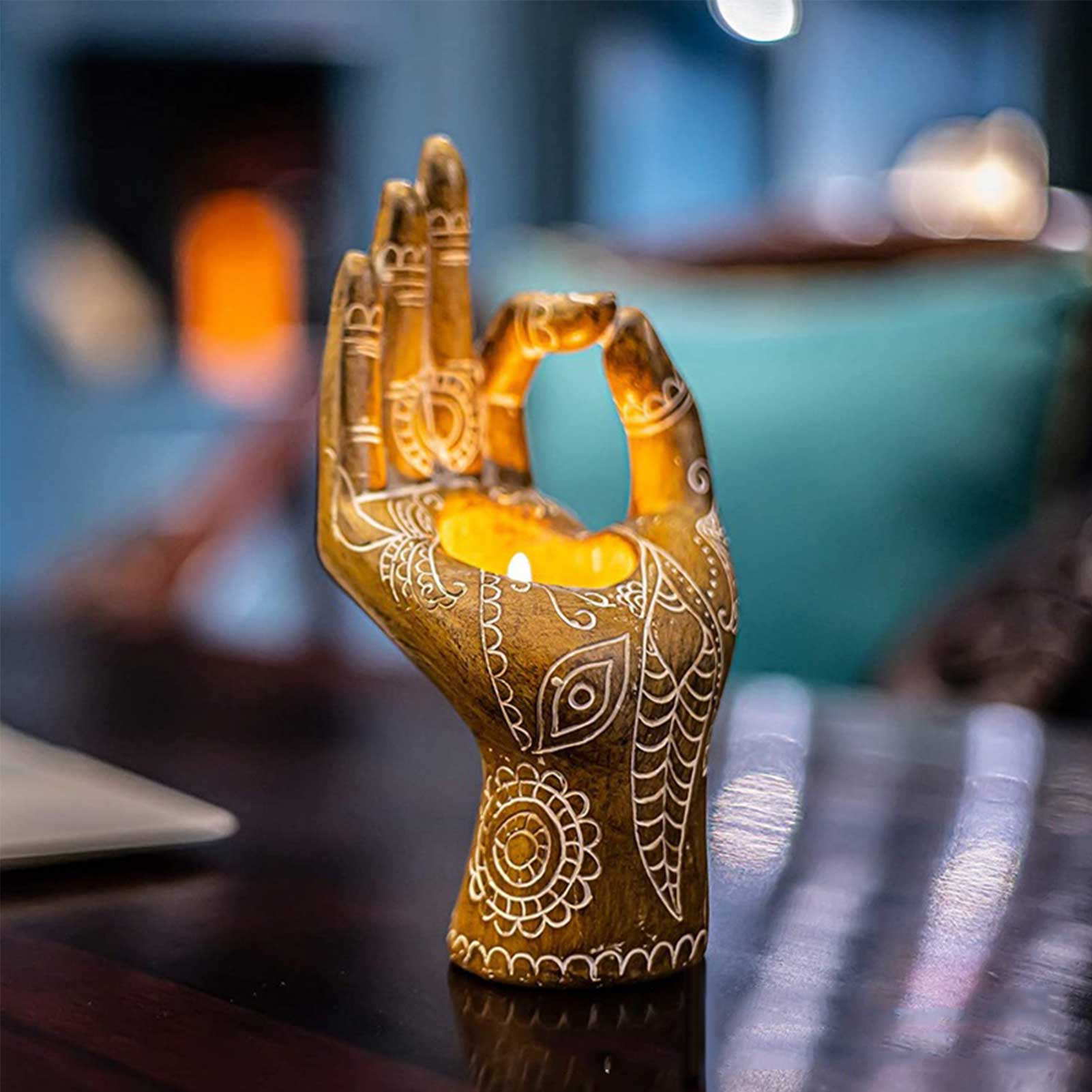 Buddha Candle Holder Mudra Hand Tabletop Tealight Decor 