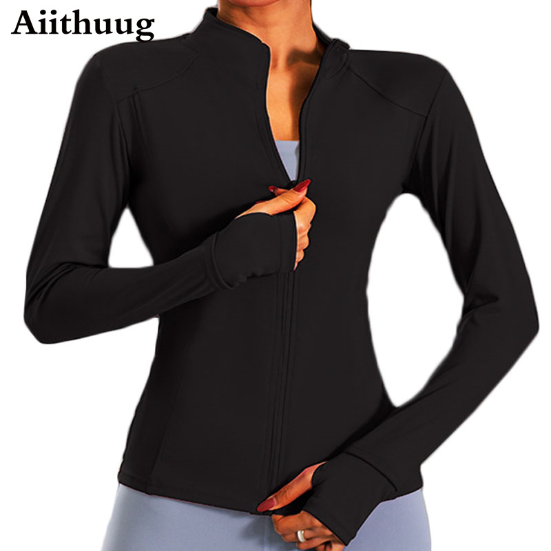 Women&#39;s Long Sleeves Sports Running Shirt Breathable Gym Workout Top Women&#39;s Yoga Jackets with Zipper with Finger Holes