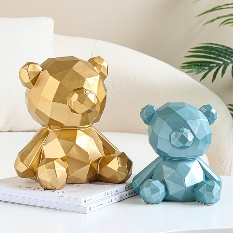 Resin Geometric Teddy Bear Piggy Bank Figurines for Interior Europe Animal Coin Storage Container Home Desktop Decor