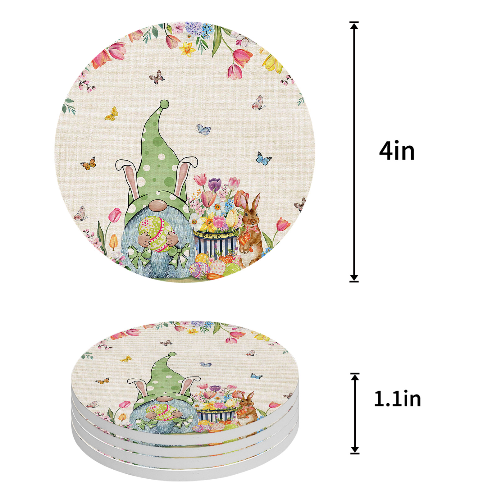 Easter Spring Tulip Flower Egg Dwarf Rabbit Round Ceramic Coaster Coffee Tea Cup Mats Non-slip Placemat Tableware Pads Decor