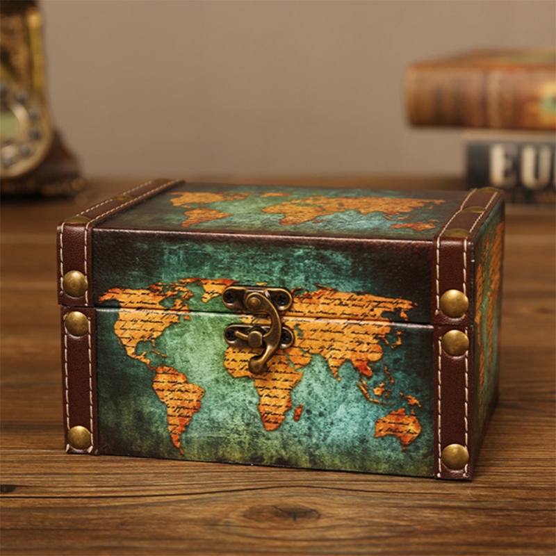 European Vintage Jewelry Storage Box Multipurpose Antique Wooden Pirate Treasure Chest World Map Letters Keepsake Case
