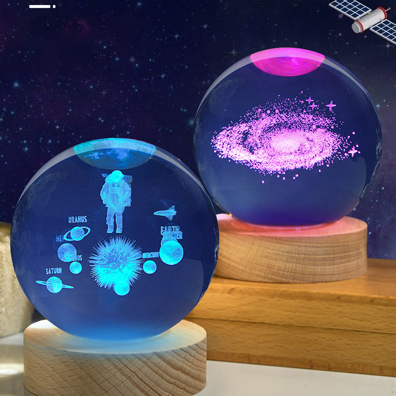 60MM80MM 3D Crystal Moon Ball Night Light Glass Sphere Snow Globe Engraved Solar System Galaxy Moon Home Decor Astronomy Gift