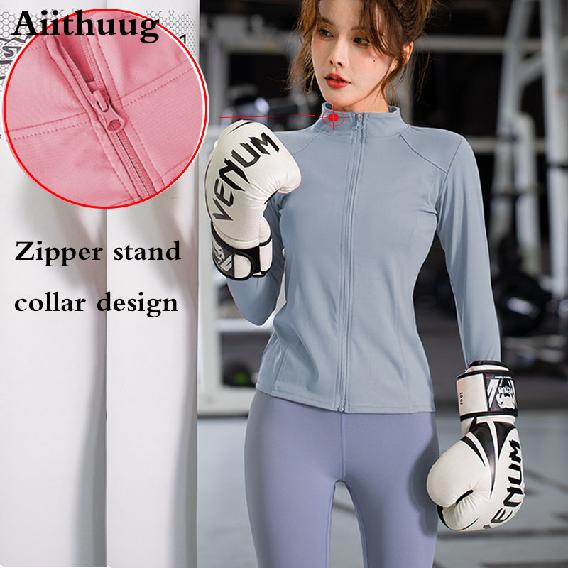Women&#39;s Long Sleeves Sports Running Shirt Breathable Gym Workout Top Women&#39;s Yoga Jackets with Zipper with Finger Holes