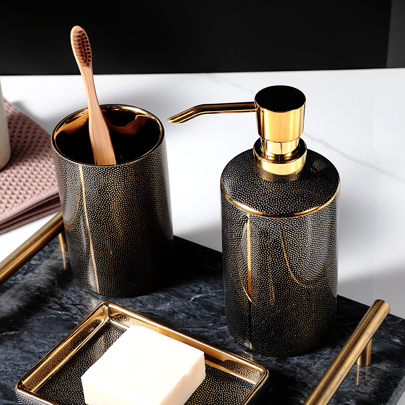 Gold Bathroom Accessories Sets Ceramics, Lotion Soap Dispenser ,Tumbler,Soap Dish，Bathroom Deco Accessroy Set