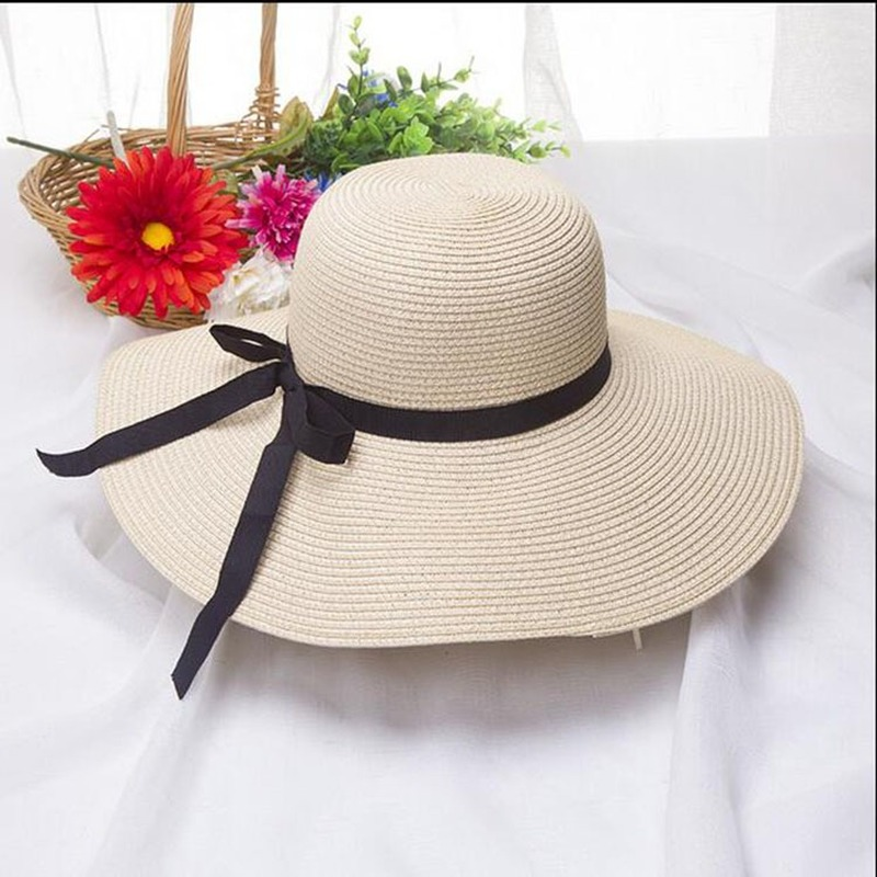 Wide Brim Bowknot Ribbon Straw Sun Hats for Women Girls Summer UV Protection Floppy Foldable Beach Hat Outdoor Travel Panama Cap