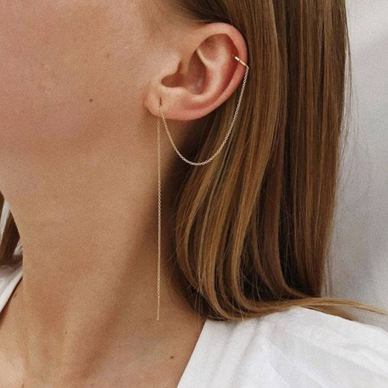 Real 925 Sterling Silver Wedding Earring For Women With Chain Fashion Jewelry Silver Ear Cuff Brincos One Piece