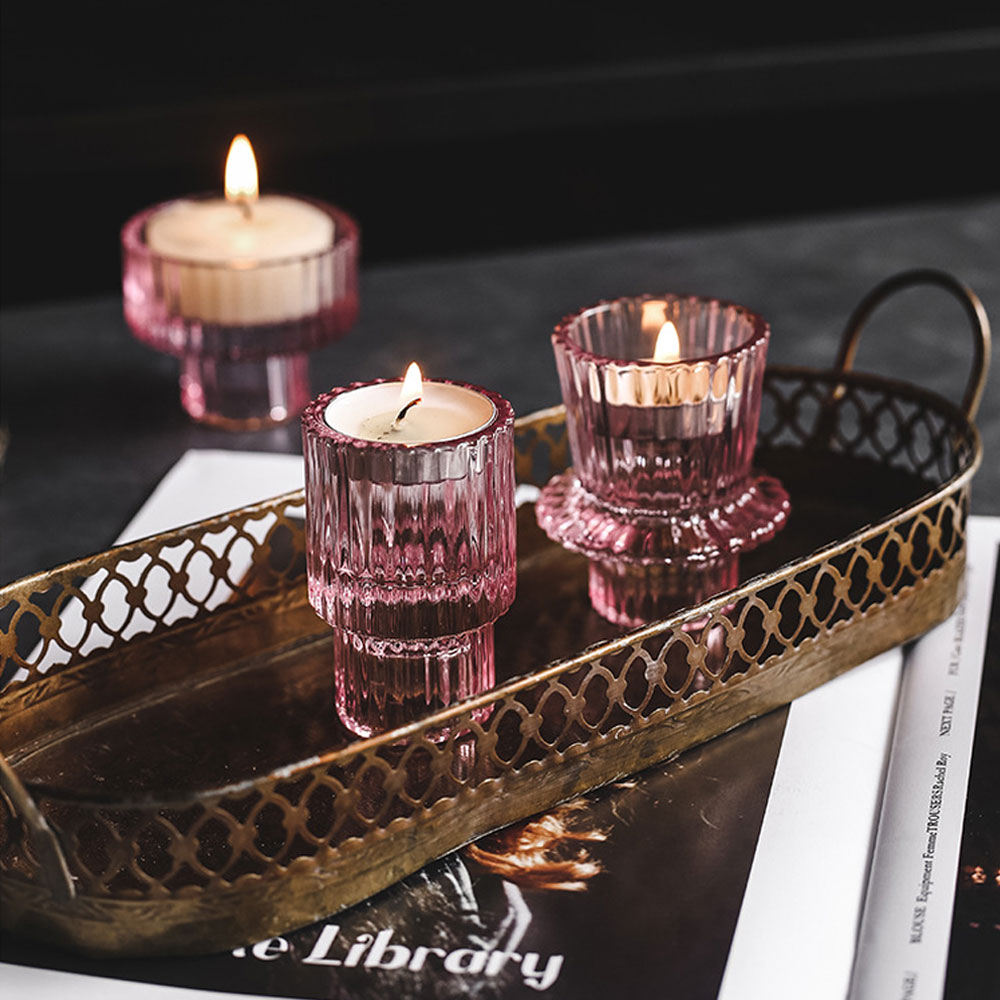 Pink Glass Home Decor Candle Holders Wedding Decoration Accessories Candlesticks For Candelabro Centerpiece Vertical Stripes
