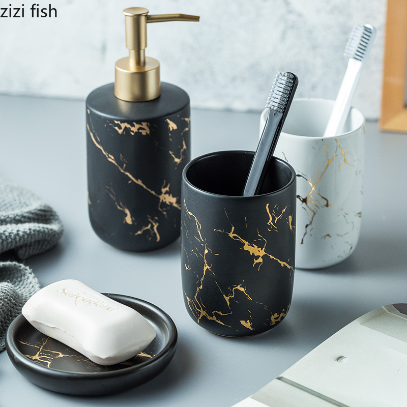 Nordic Matte Gold Ceramics Bathroom Accessories Set Soap Dispenser/Toothbrush Holder/Tumbler/Soap Dish Luxurious Washing Set