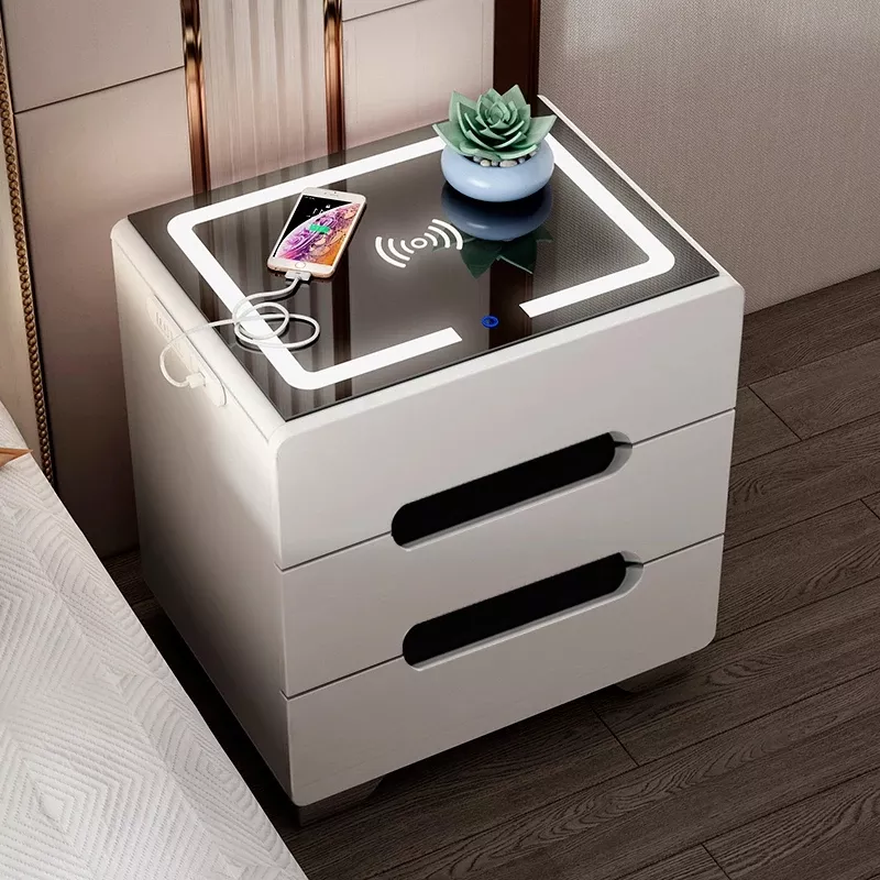 White Multifunctional Bedside Cabinet USB Nightstand Intelligent Bedside Table Bedroom Storage Cabinet Modern Wireless Charging