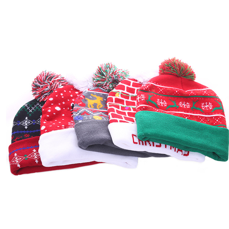Christmas Hats Sweater Santa Elk Knitted Beanie Hat With LED Light Up