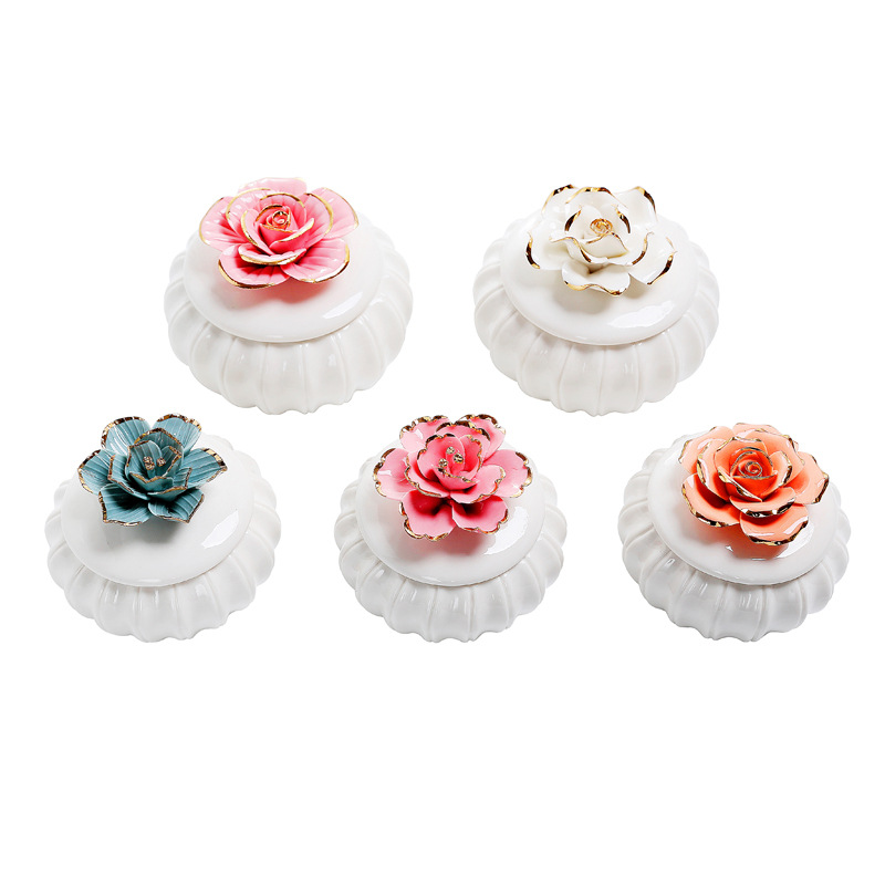  Nordic Rose Peony Outline In Gold Ceramics Flowers With Lid Makeup Organizer Desktop Jewellery Cosmetic Storage Box Container