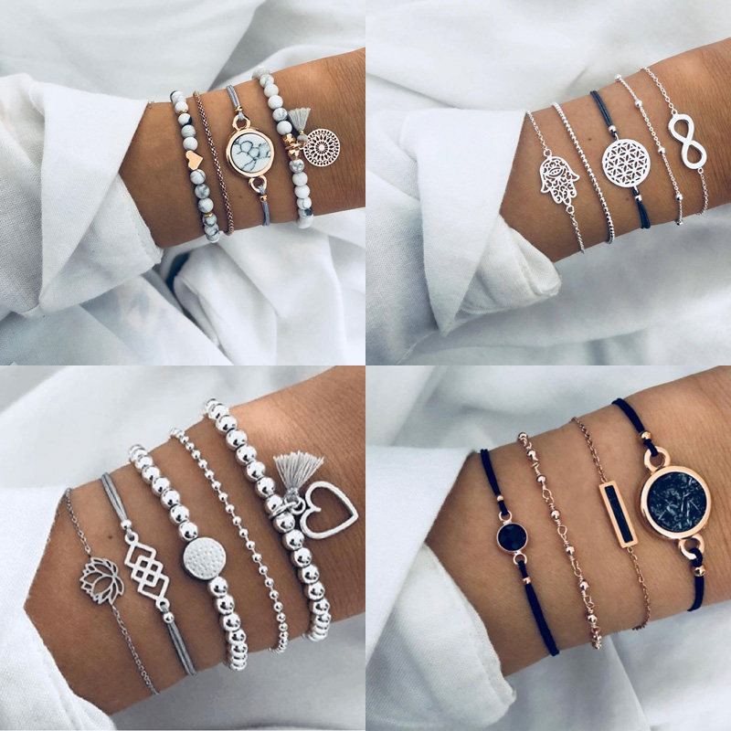 Geometric Bracelet &amp; Bangle Sets For Women Vintage Star Map Hand Heart Charm Beads Chains Fashion Jewelry Accessories