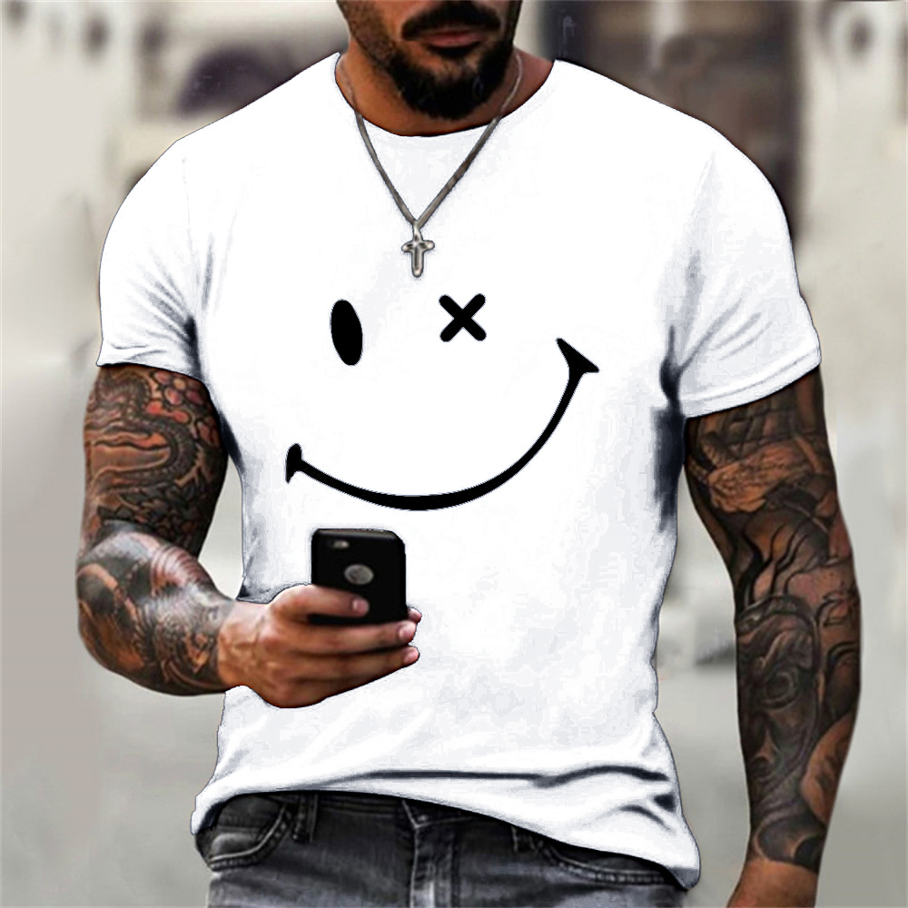 New Trendy Summer Fashion Solid Color Men Women Models T-shirt Simple 3d Funny Smiley Face Print Loose Short Sleeve Tops Tshirts