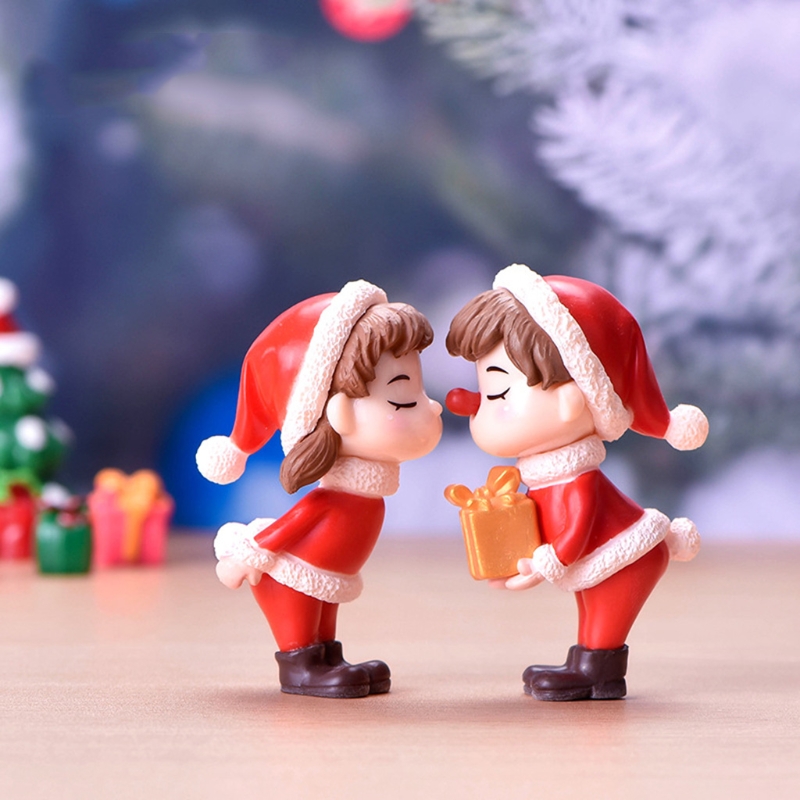2 Pcs Mini Christmas Couple Figurine for Doll Ornament People Ceramics Figure Crafts Decoration Accs for Tabletop Bedroo