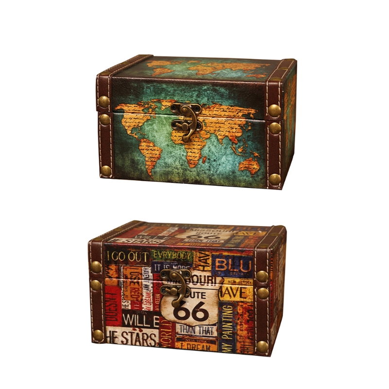 European Vintage Jewelry Storage Box Multipurpose Antique Wooden Pirate Treasure Chest World Map Letters Keepsake Case