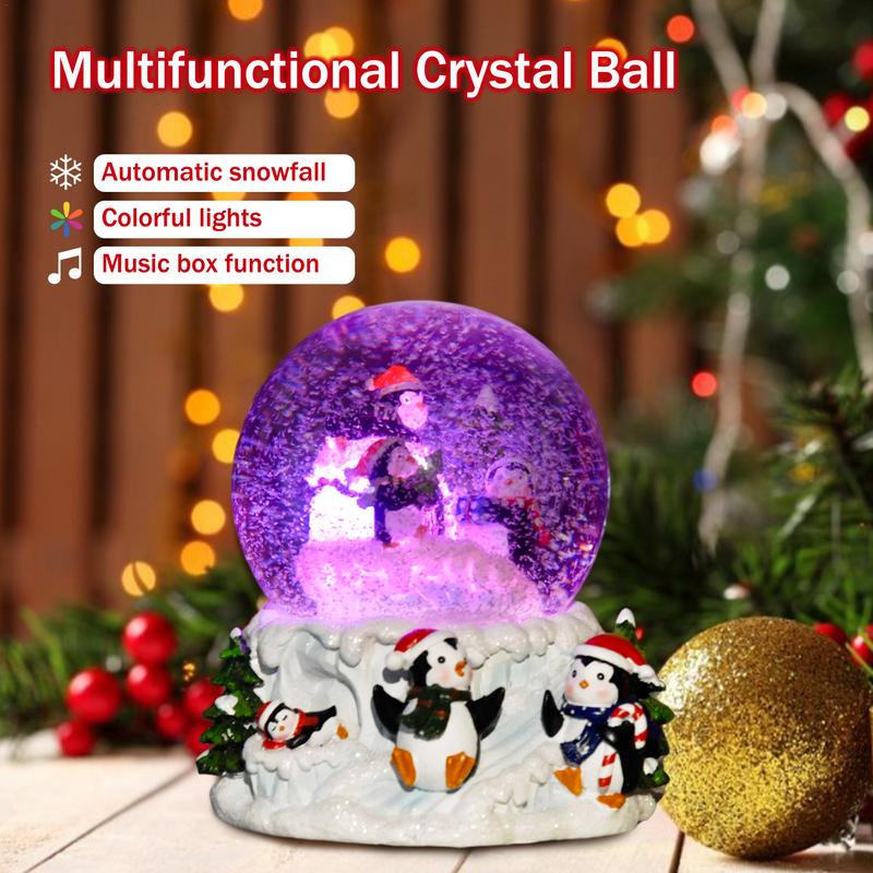 Music Box Crystal Ball Snow Globe Glass Lights Christmas Gift With Speaker Spinning Crafts Penguin Home Decor