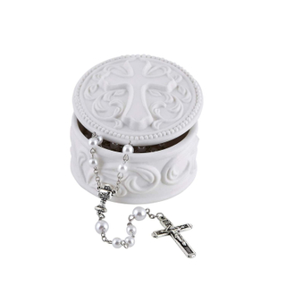 Custom White Embossed Cross Mini Luxury Round Ceramics Ring Rosary Jewelry Box Accessories Storage Container with Lid