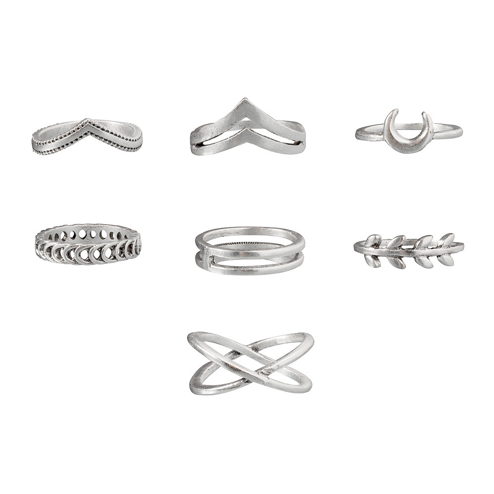 Leaf Moon Crescent Rings for Women Antique Sliver Color Punk Knuckle Midi Ring Set