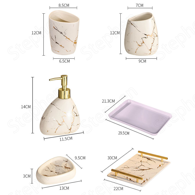 Golden Marble Texture Ceramic Shower Accessories Nordic Modern Five Piece Bathroom Set with Golden Handle Tray Home Decoration