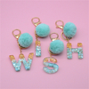 26 Initials Letter Key Pendant With Green Fluffy Pompom Fashion Girls Handbag Glitter Gradient Resin Alphabet Keychain Charms