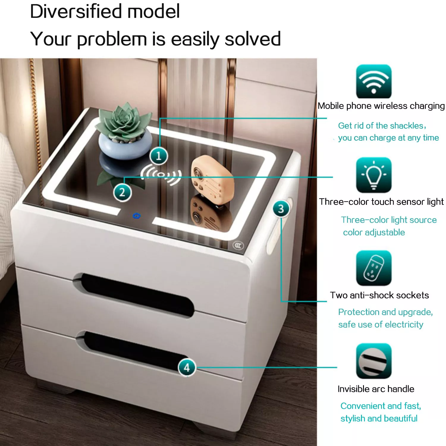 White Multifunctional Bedside Cabinet USB Nightstand Intelligent Bedside Table Bedroom Storage Cabinet Modern Wireless Charging