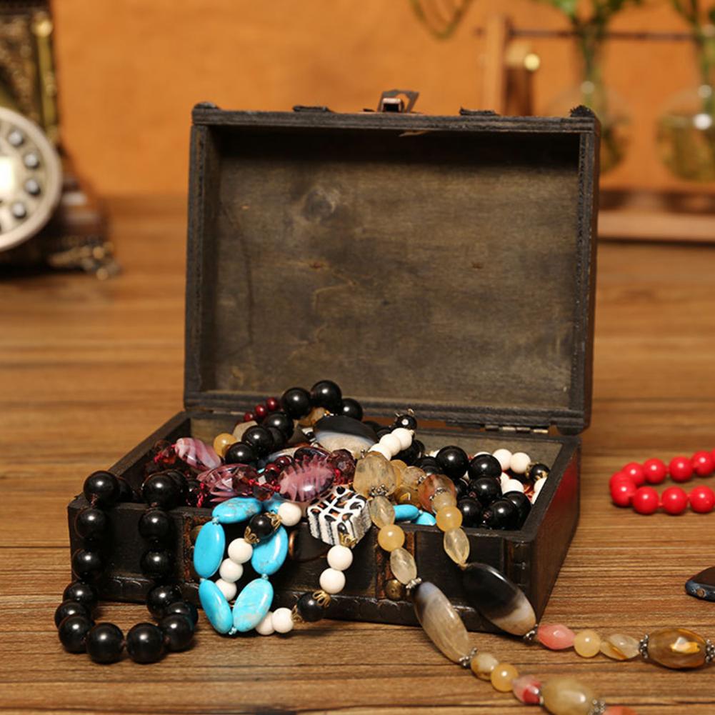  Wooden Vintage Lock Treasure Chest Jewelry Storage Box Case Organizer Large Capacity Retro Wood Bracelet Hair Clip Trinket Case