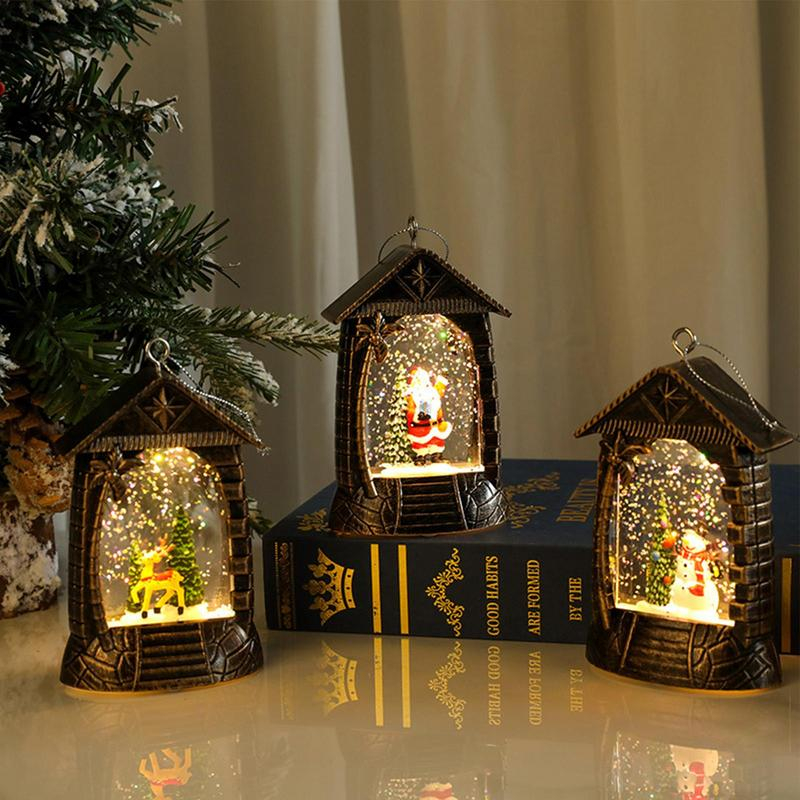 Christmas Snow Globe Lantern Battery Operated LED Light Water Glittering Santa Snowman Hanging Night Lamp Holiday Decoration