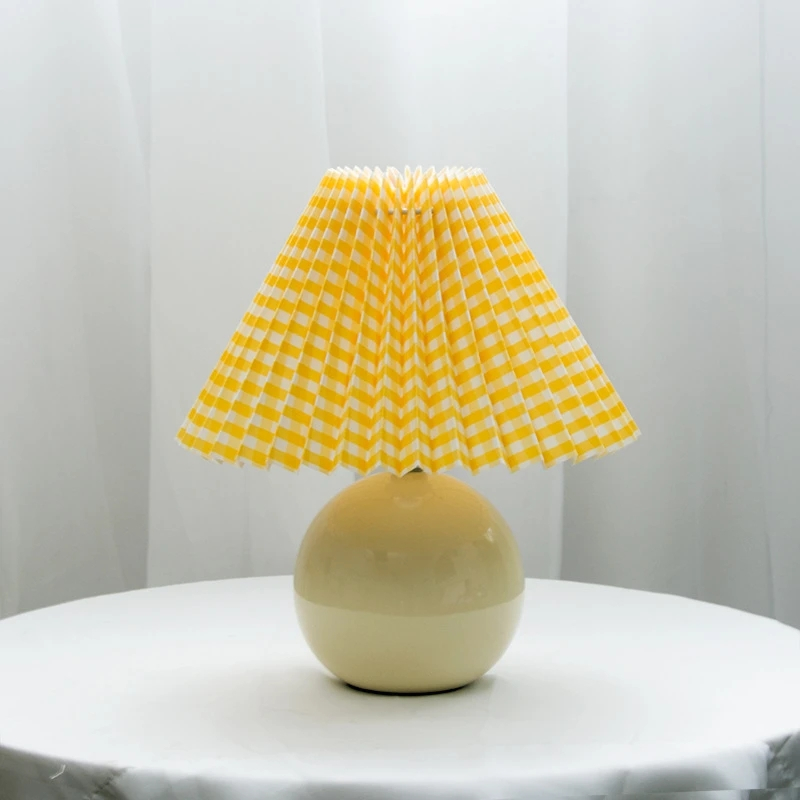 Vintage Pleated Table Lamp with LED E27 Tricolored Bulb Ceramic Base AU US EU UK Plug Cute Decorative Night Light for Bedroom