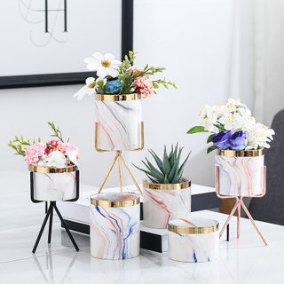 Modern Ceramic Desktop Planter Succulent Flower Pot with Metal Stand Home Decoration