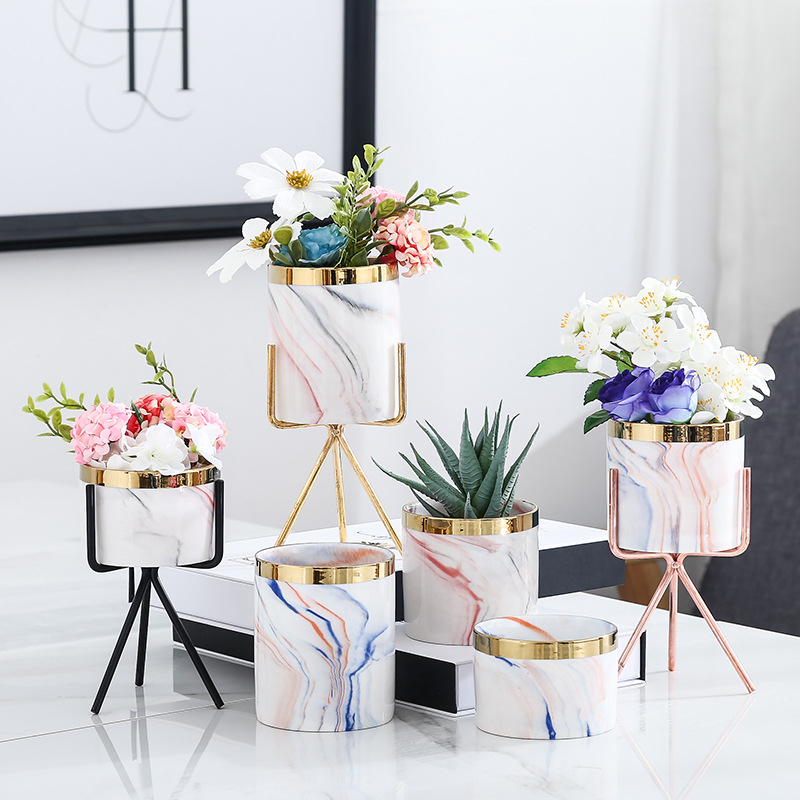 Modern Ceramic Desktop Planter Succulent Flower Pot with Metal Stand Home Decoration
