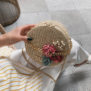 Round Straw Bag Women Summer Fashion Retro Flower Weave Bag