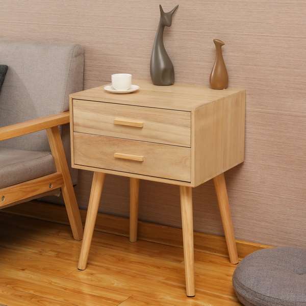 Locker Double Drawer Nightstand Cabinet Storage Solid Wood Legs 