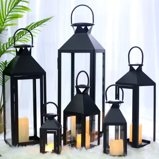 Wedding Decor Metal Black High Quality Polished Decorative Glass Candle Stainless Steel Garden Lantern 
