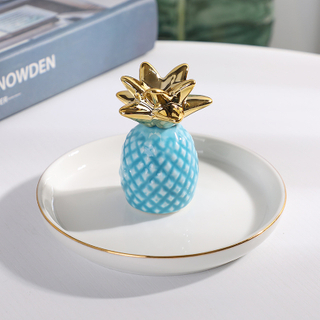 Electroplated Golden Pineapples Ceramic Ring Dish with 3D Heart & Gold Rim Stoneware