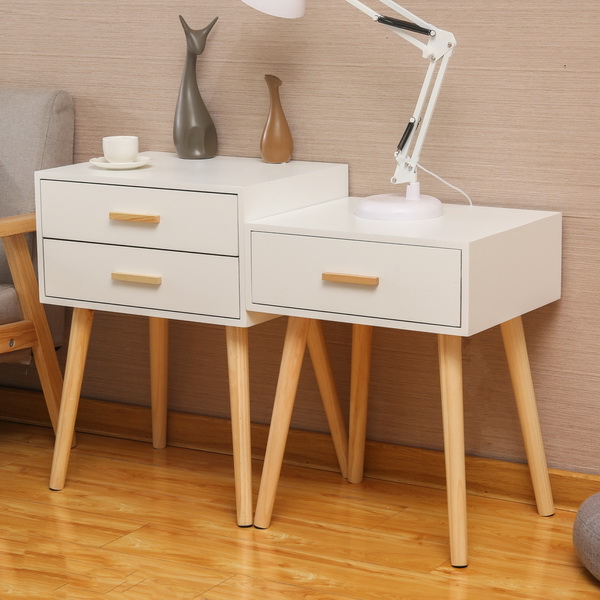 2 Chest of Drawers Bedside Table with Solid Oak Wood Legs And White Matt Finish 